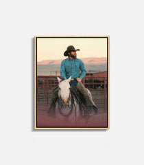 Cowboy horseback wall art in frame, western decor for modern interiors