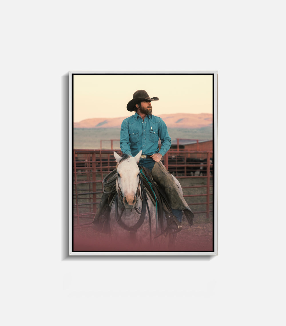 Cowboy horseback wall art in frame, western decor for modern interiors