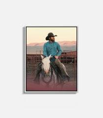 Cowboy horseback wall art in frame, western decor for modern interiors