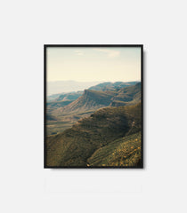 Scenic mountain valley print with soft natural tones