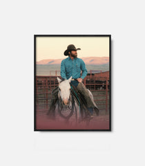 Western wall art of cowboy on horseback in framed print, rustic interior decor