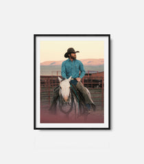 Framed cowboy wall art featuring man riding horse, western rustic decor
