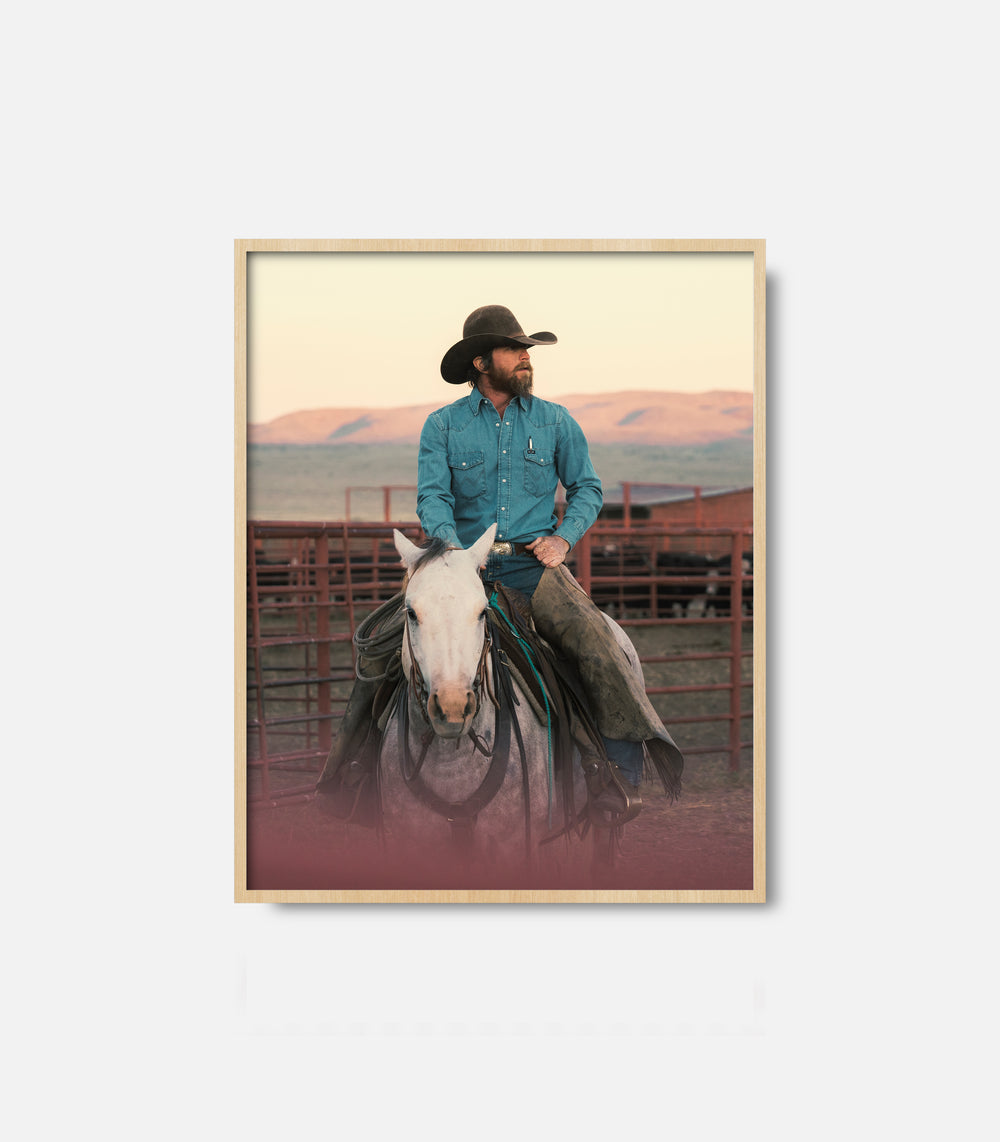 Framed cowboy photography wall art with rider on horse, western lifestyle decor