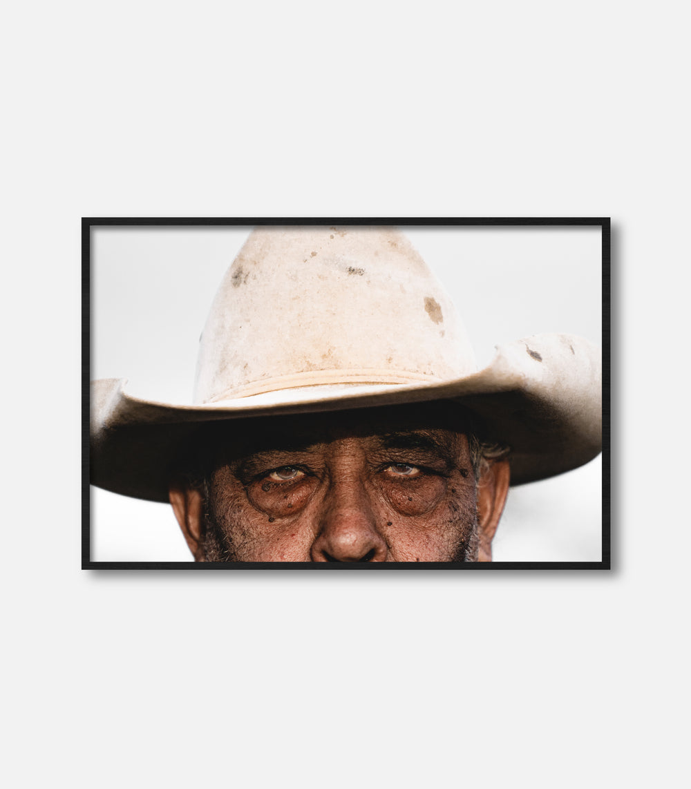 Western portrait wall art of man in hat, framed print for modern interiors