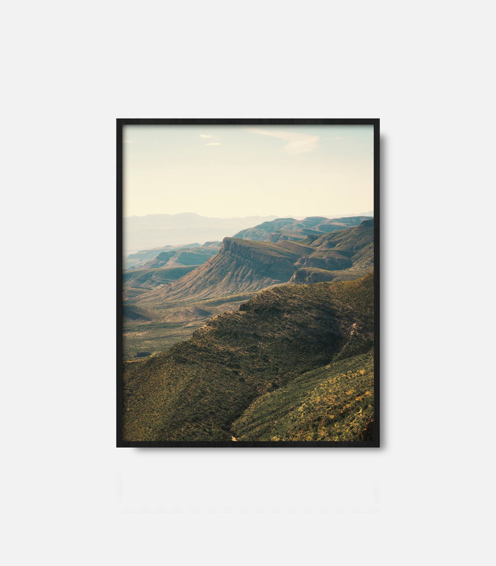 Scenic mountain valley print with soft natural tones