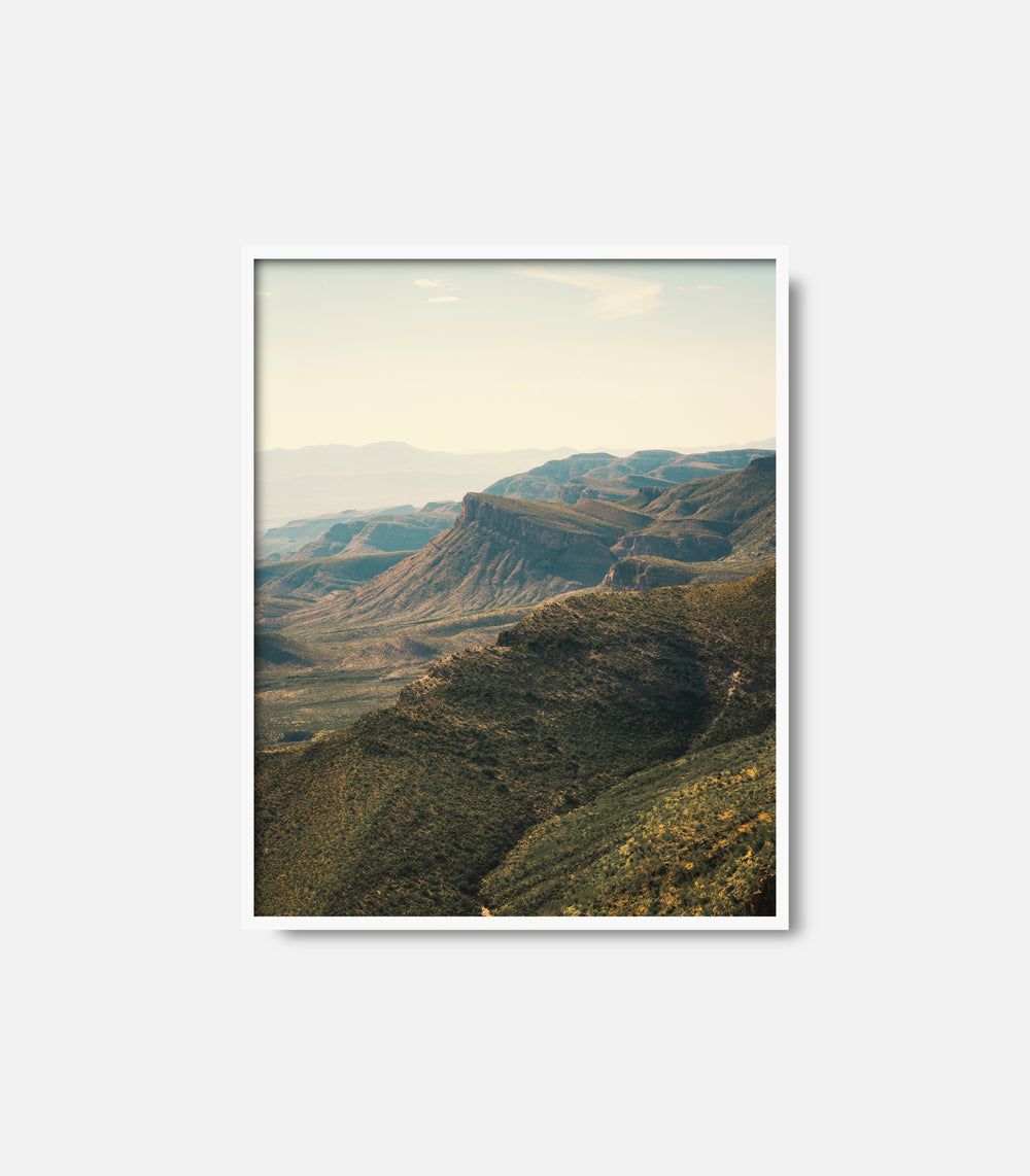 Framed nature wall art with expansive mountain ridges