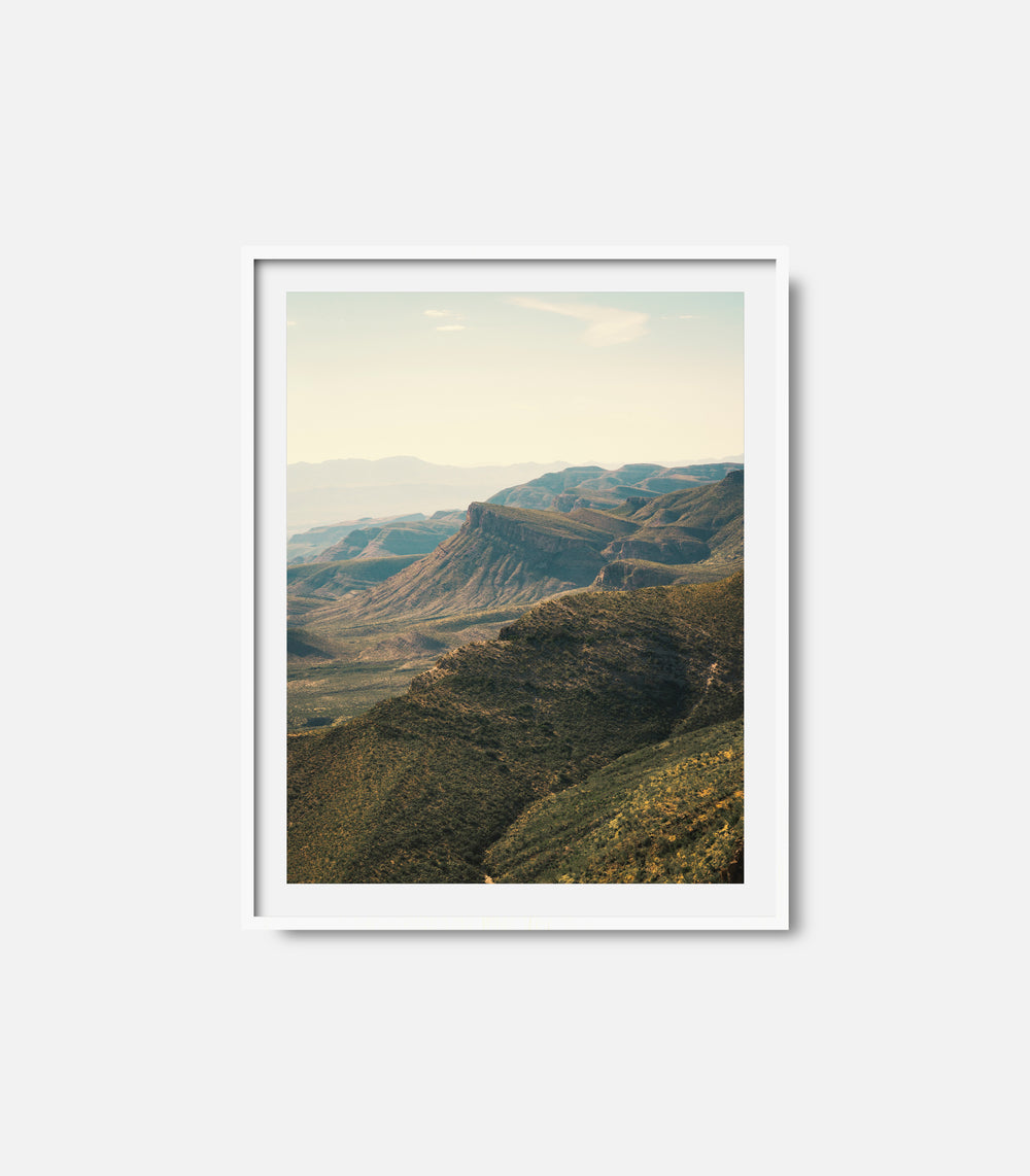 Framed nature wall art with expansive mountain ridges