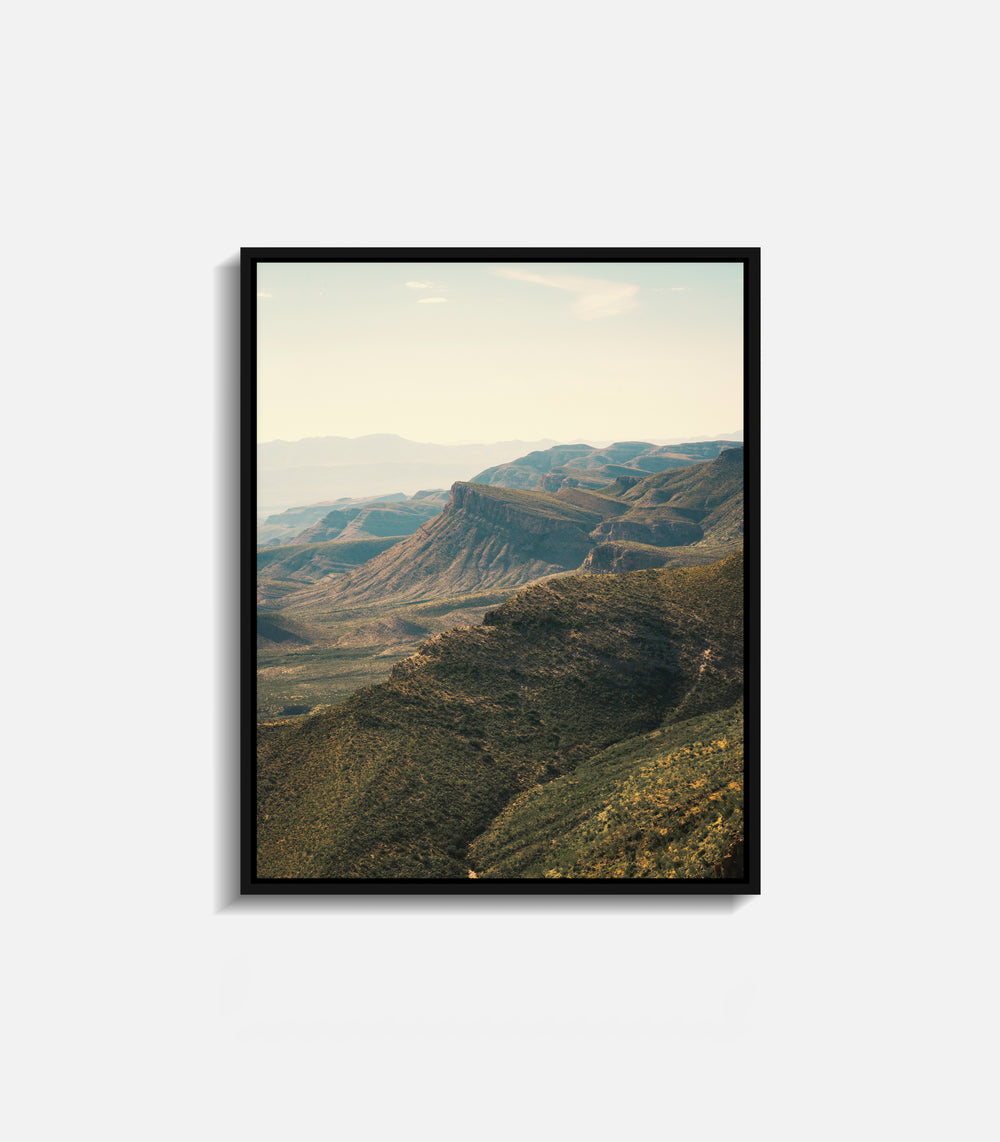 Calming valley and mountain wall art with soft lighting