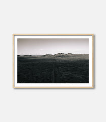 Framed panoramic desert photography in black and white